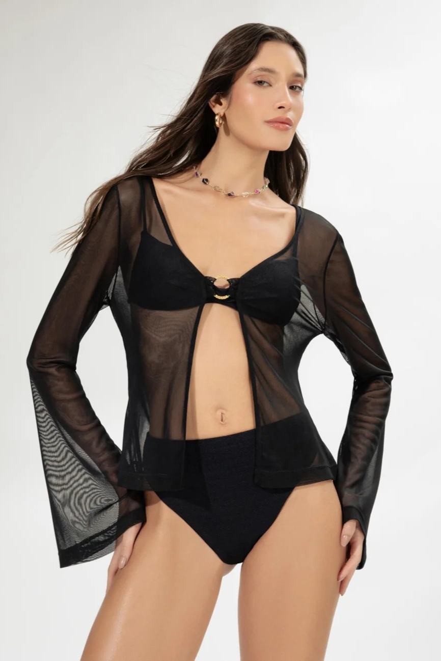 sheer long-sleeve black tulle blouse with front closure