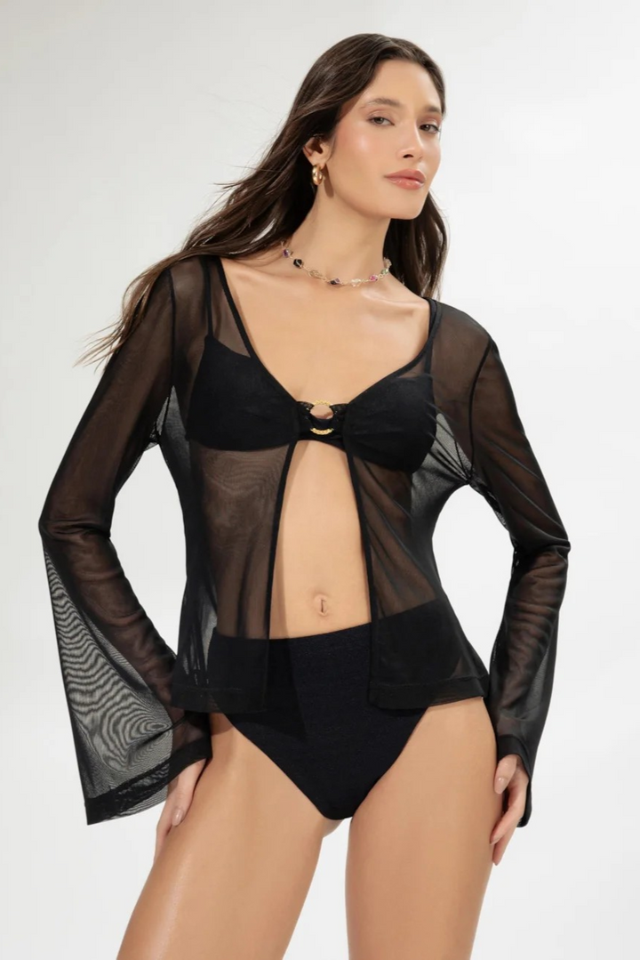 sheer long-sleeve black tulle blouse with front closure