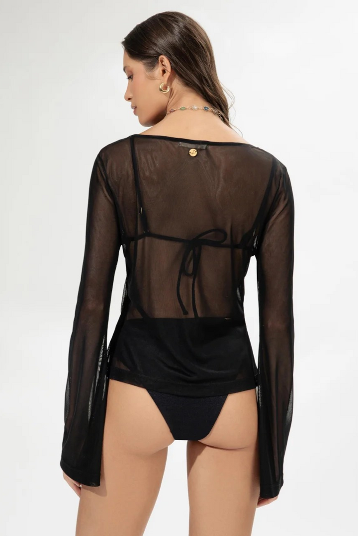 Black Long-Sleeve Tulle Blouse