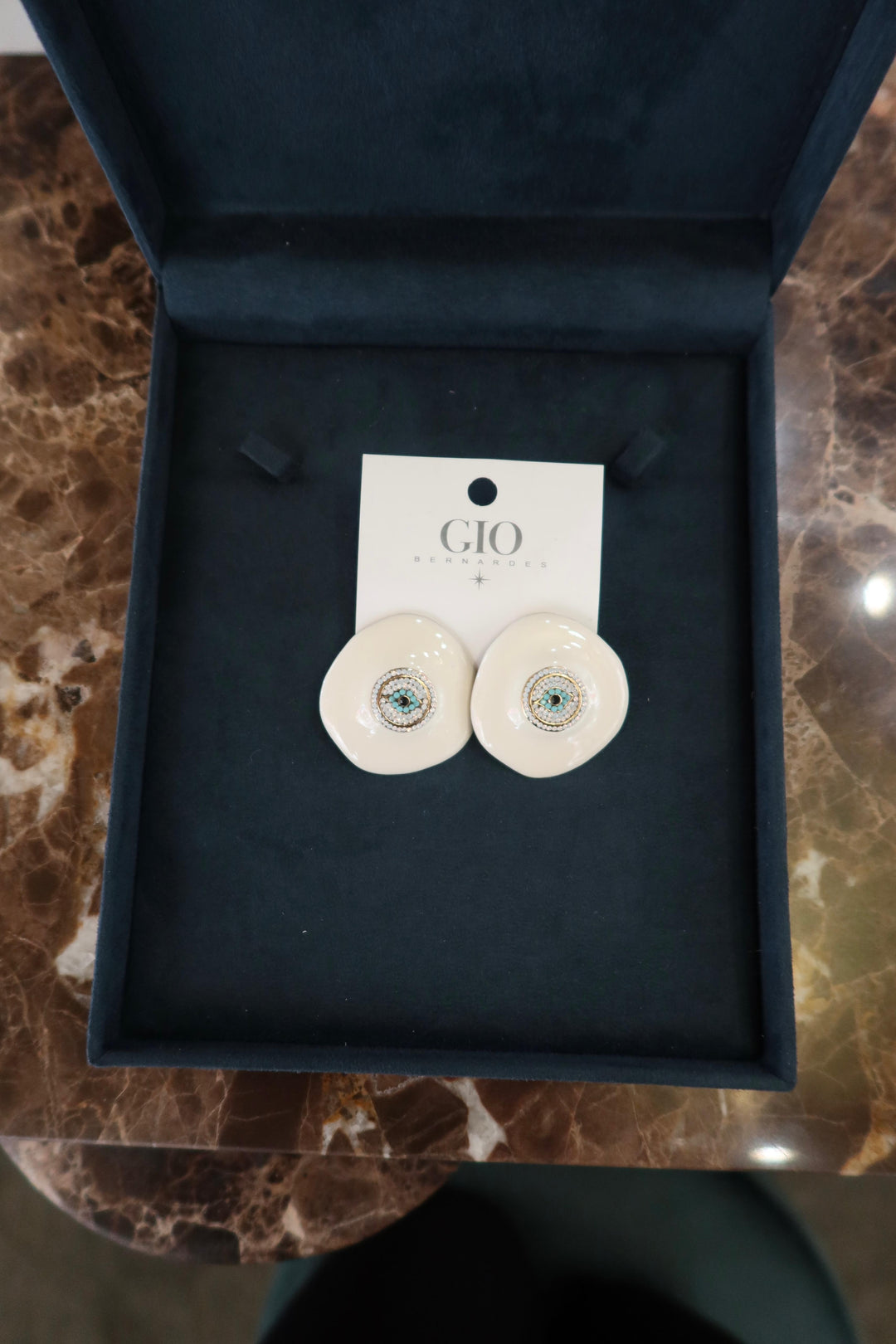 WHITE METAL EARRINGS WITH EVIL EYE AND RHINESTONES