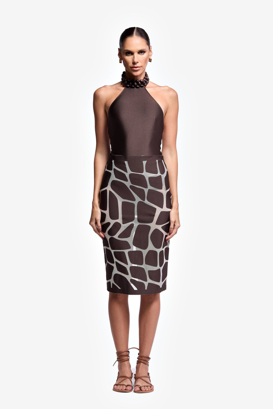 brown and gray patterned skirt