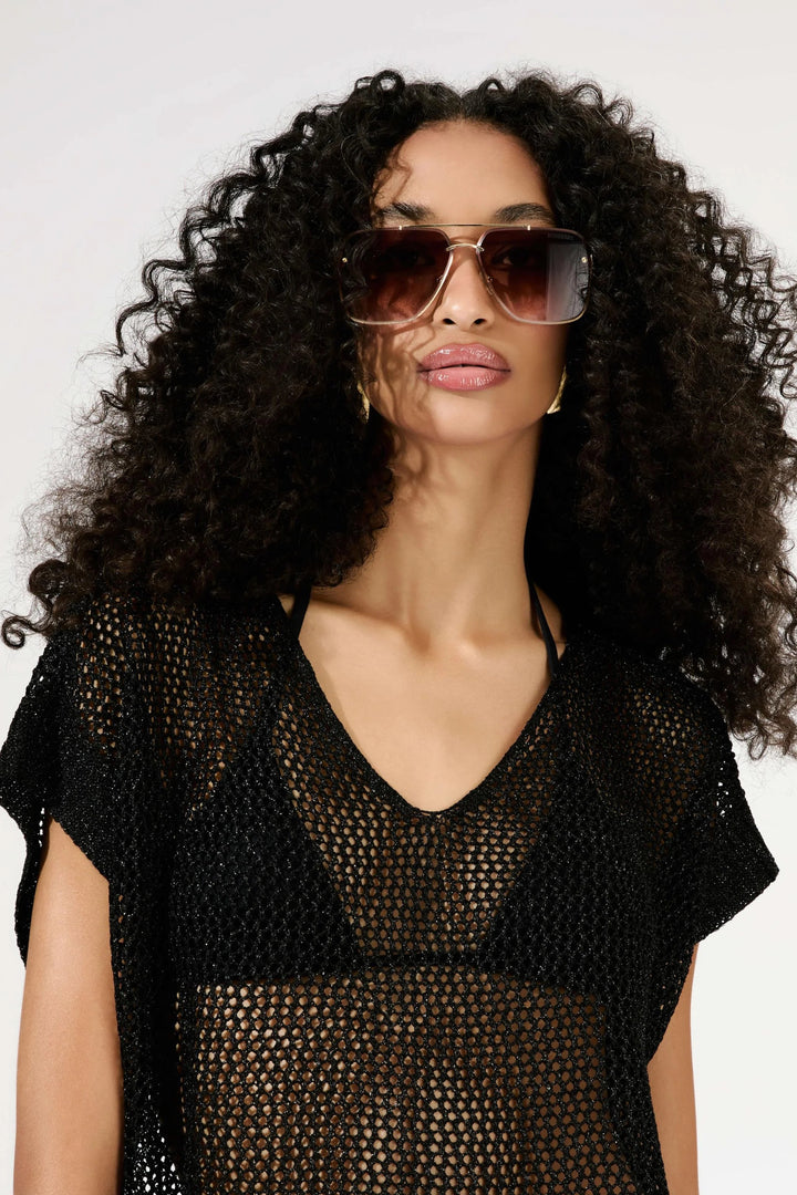 Short Black Lurex Tricot Dress with Short Sleeves