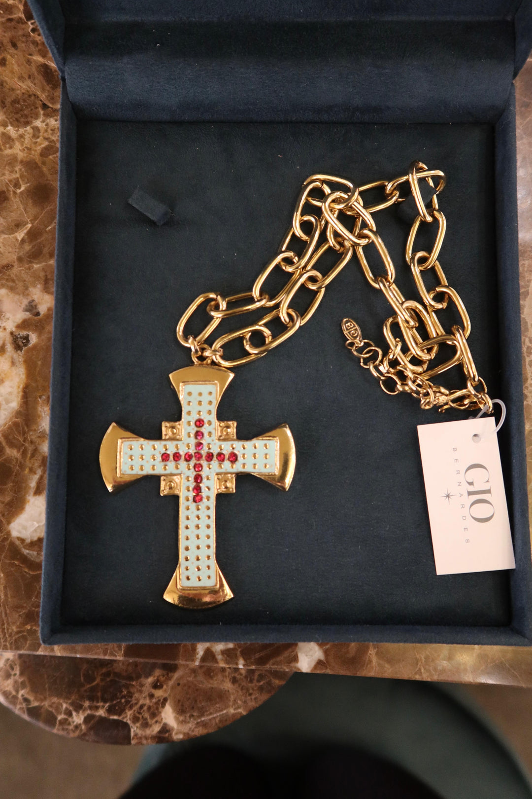 GOLD CROSS NECKLACE WITH BLUE