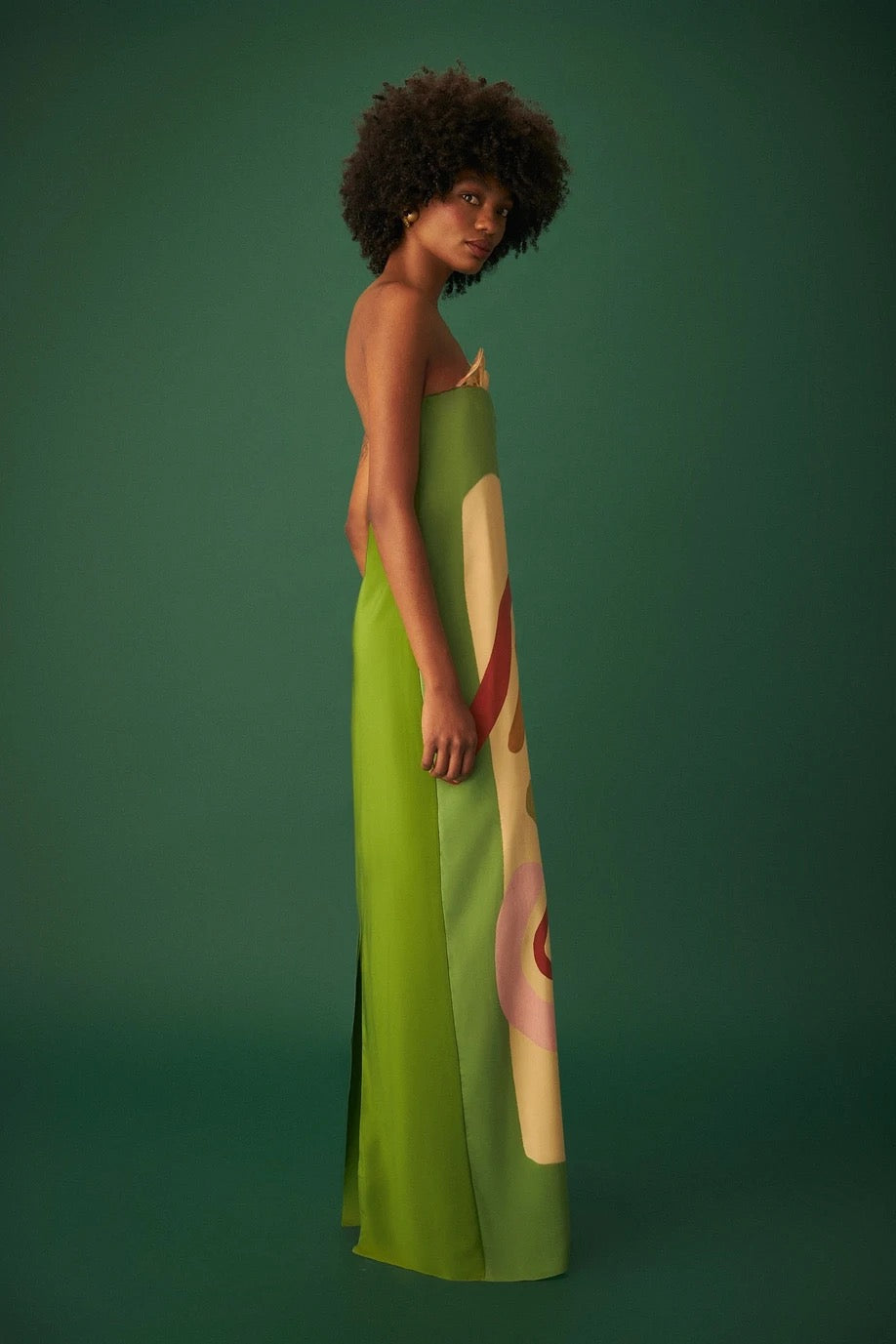 a long, colorful dress with abstract patterns