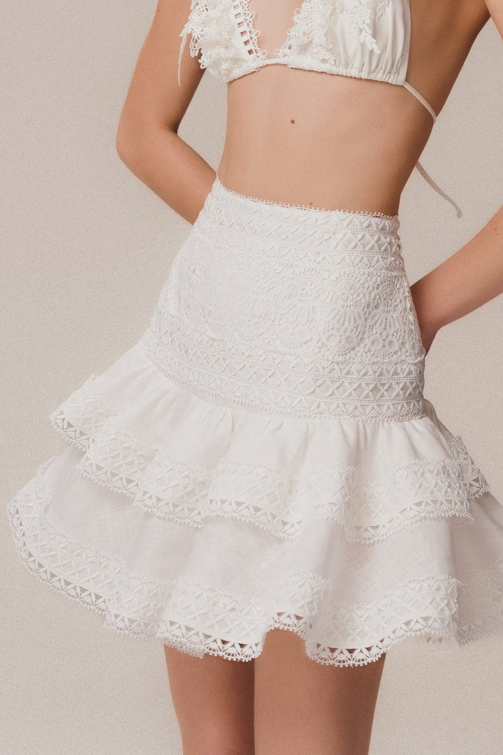 Short Ruffled Linen Skirt Off White