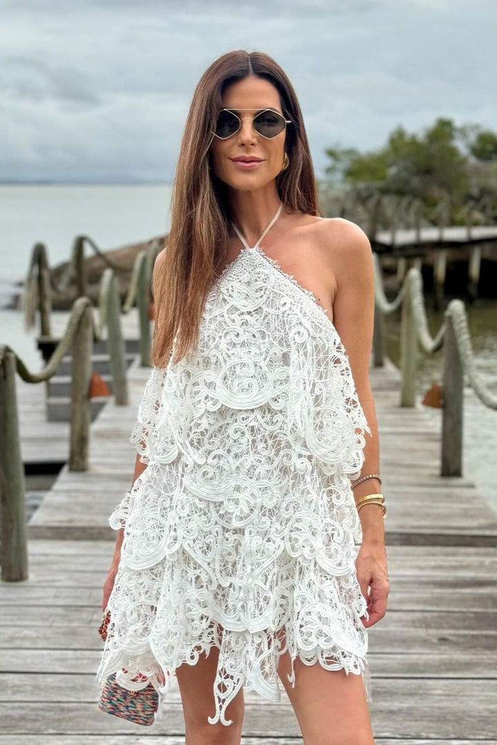 Abito in voile con volant a cascata e scollo all'americana, off white