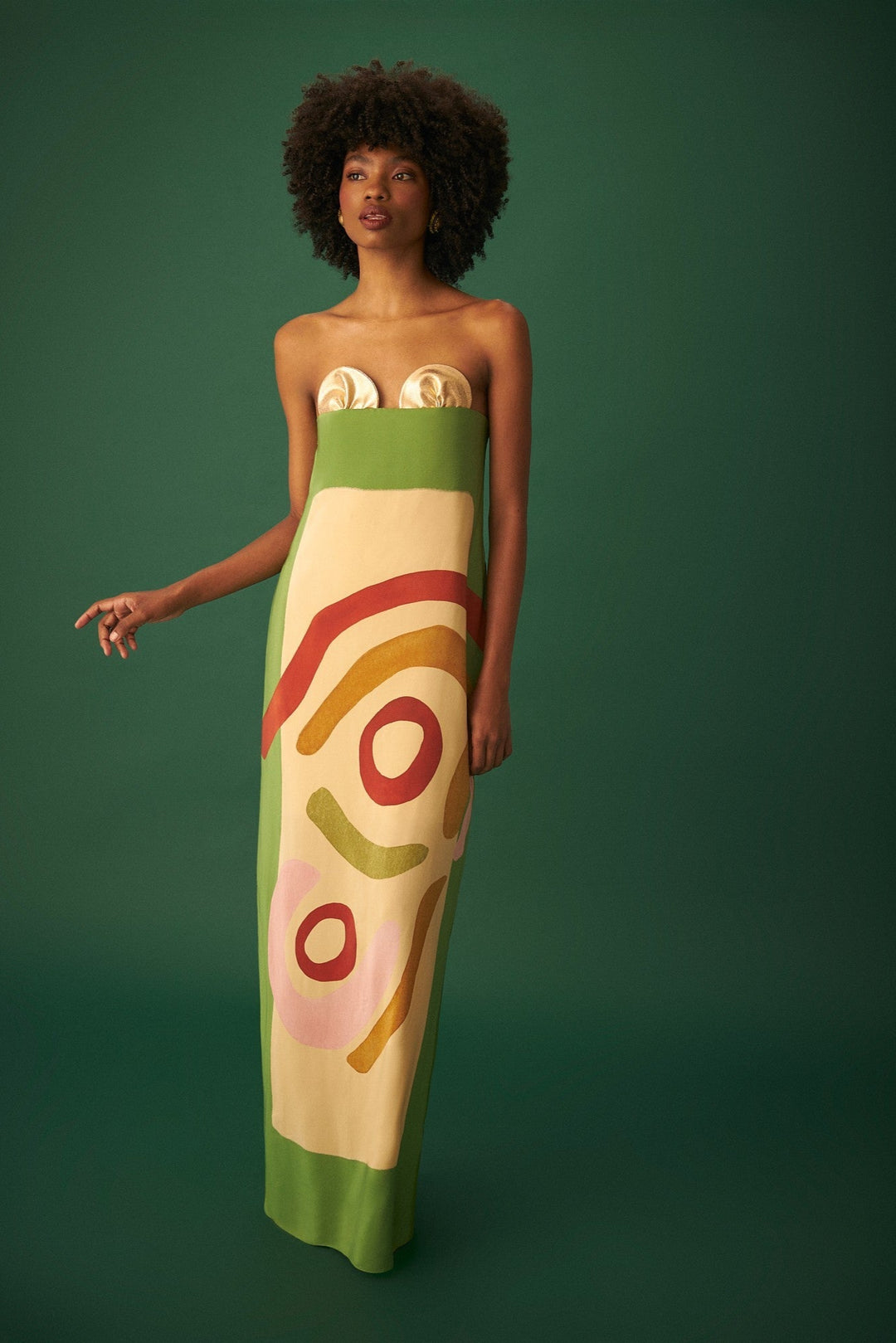 a strapless dress with abstract patterns 