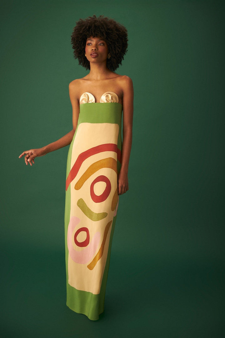 a strapless dress with abstract patterns 
