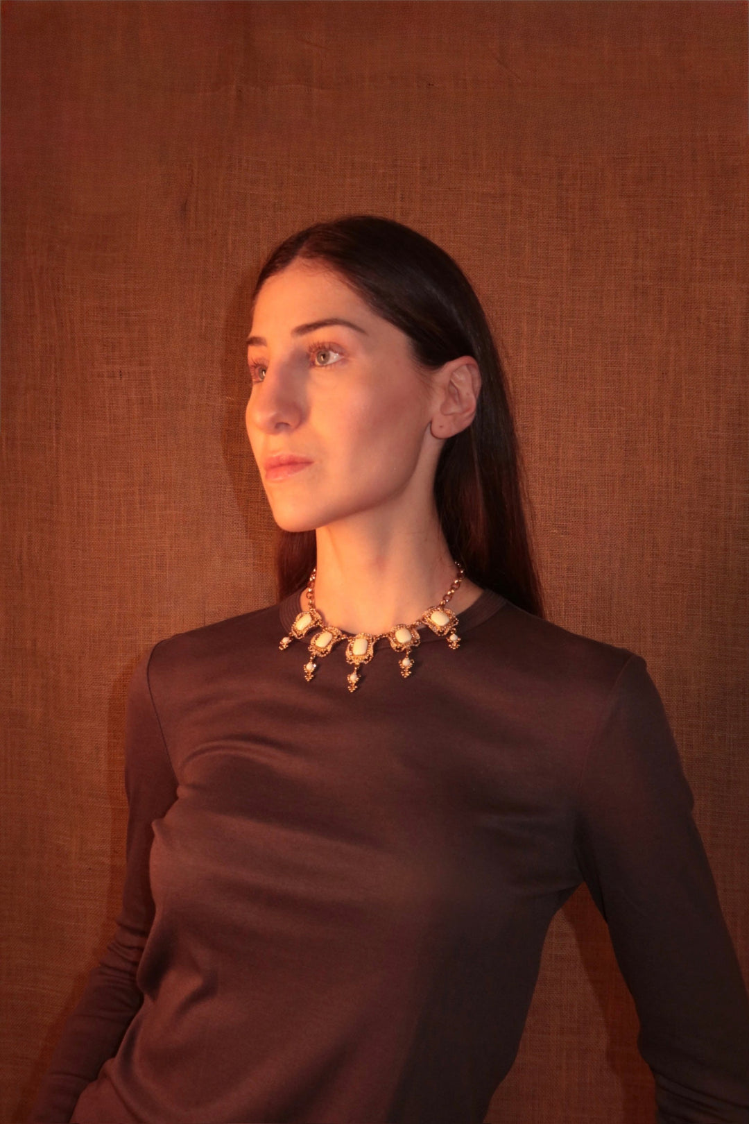 Golden Necklace with White Stones
