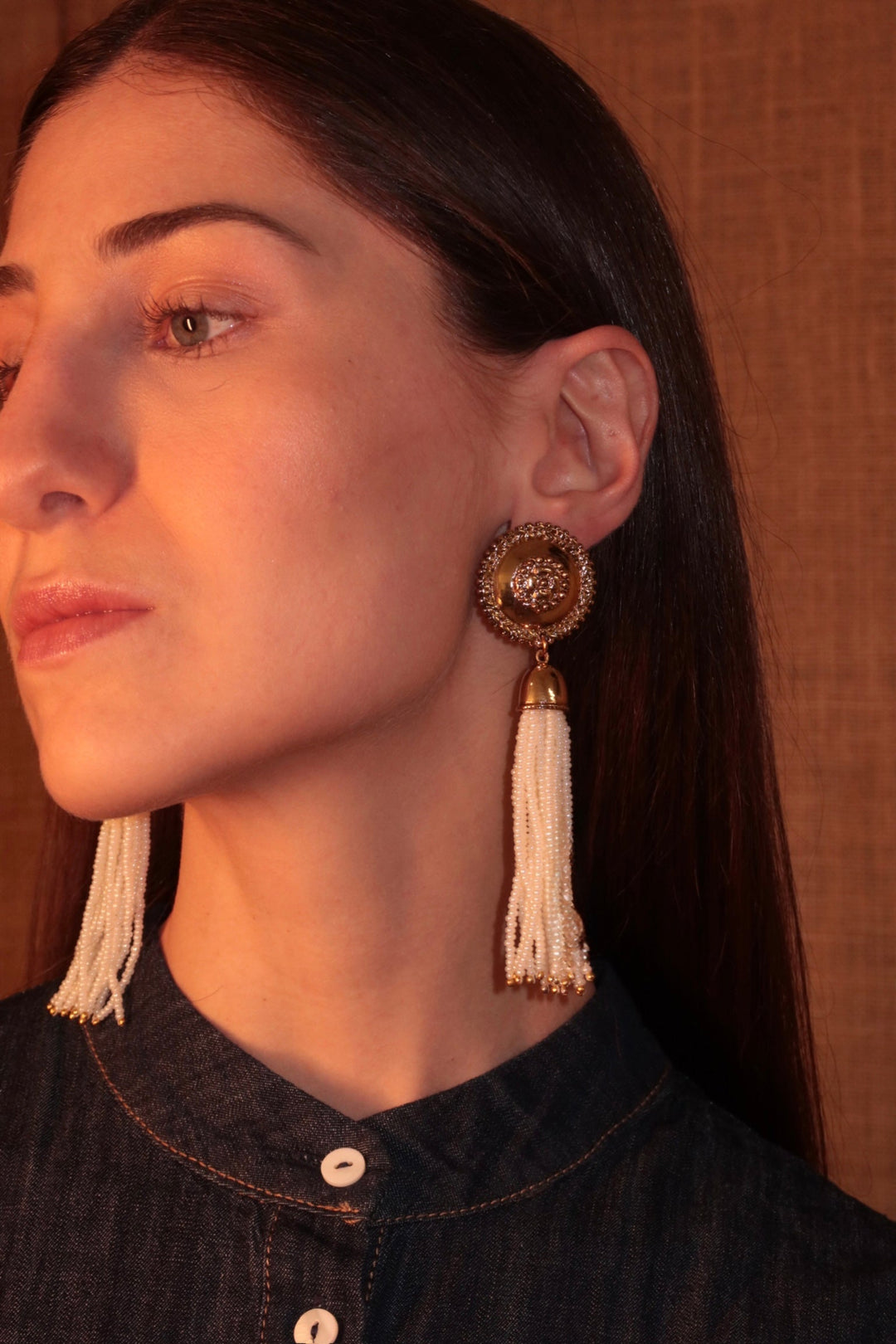 Golden Earrings with Pearl Tassel