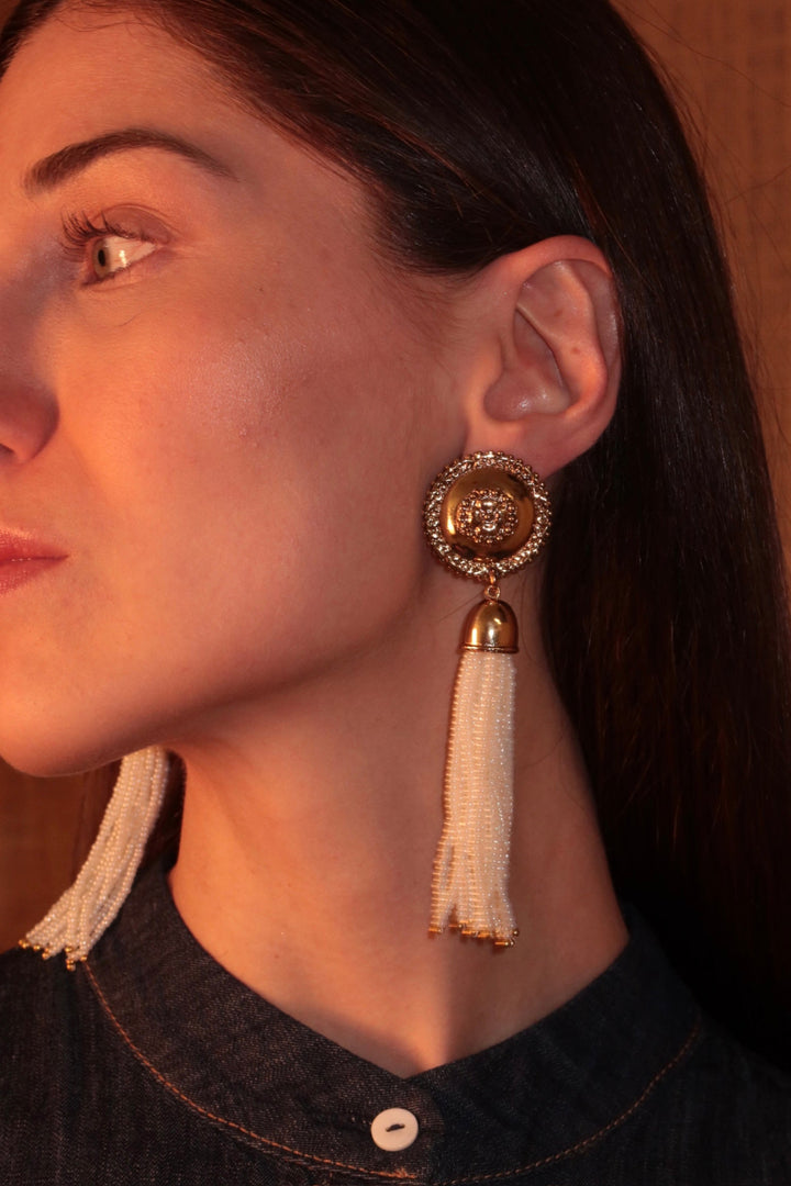 Golden Earrings with Pearl Tassel