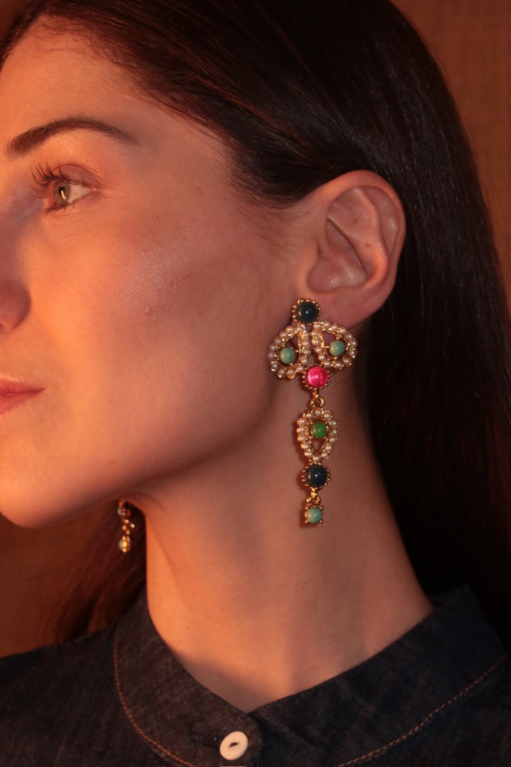 Pearl Earrings With Colored Stones