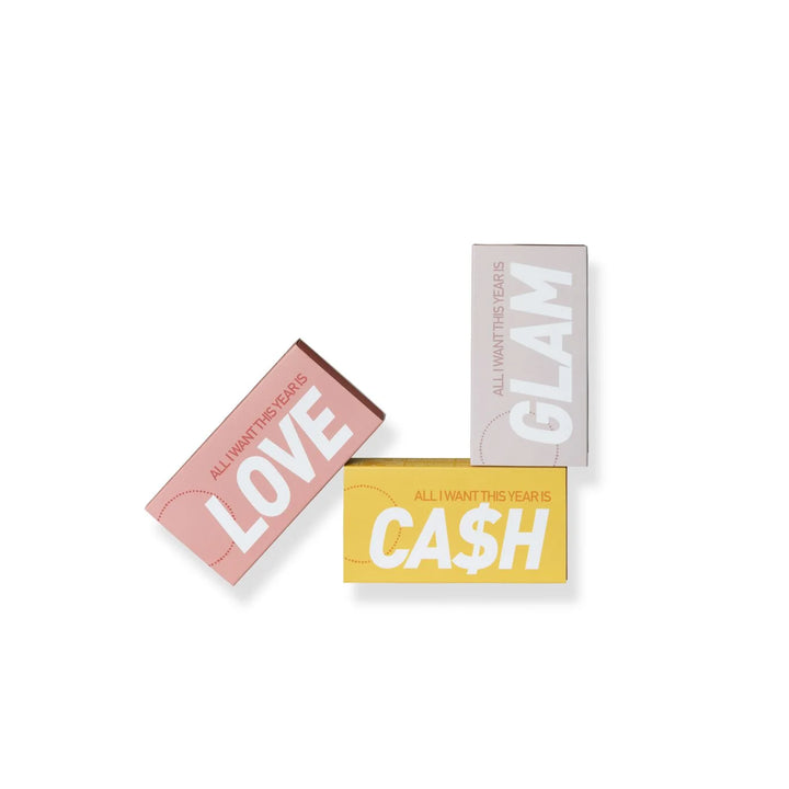 Three matchboxes with text 'LOVE', 'GLAM', and 'CA$H'