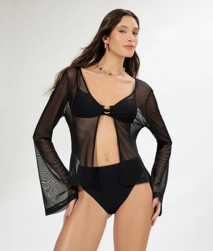 Black Long-Sleeve Tulle Blouse