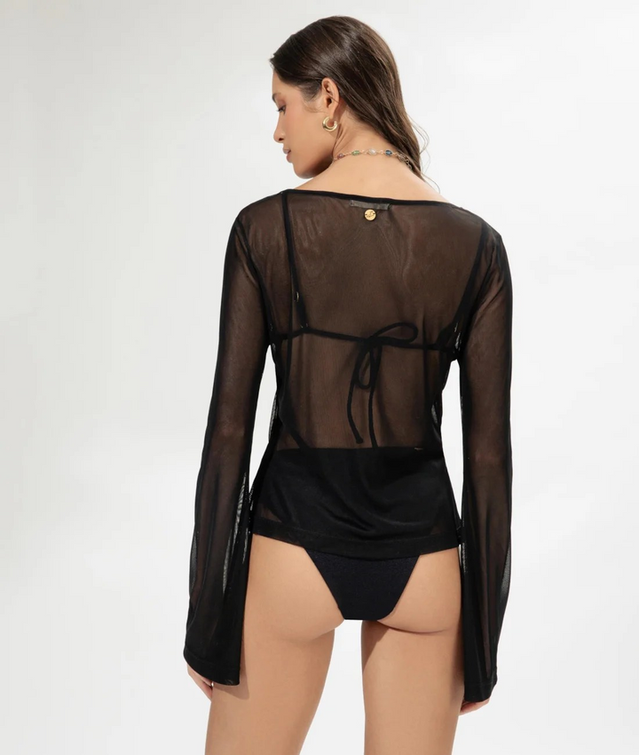 Black Long-Sleeve Tulle Blouse