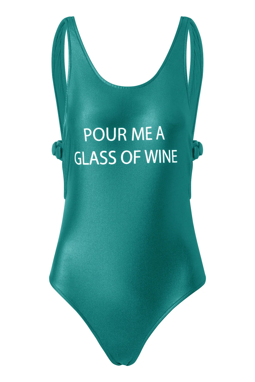 Teal swimsuit with 'Pour Me a Glass of Wine' text on
