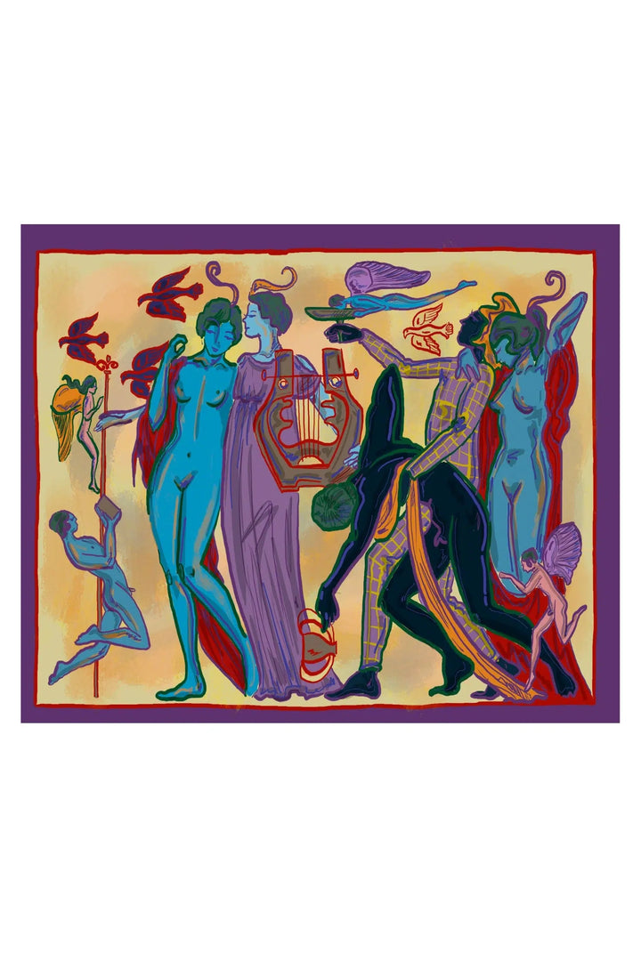 A silk scarf featuring an illustration of female figures from ancient Greece in vibrant colors on a purple background.