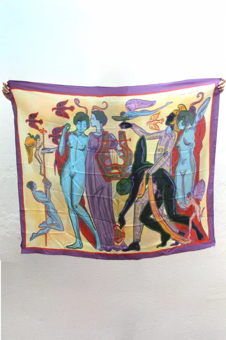 Colorful scarf with classical design featuring figures and symbols