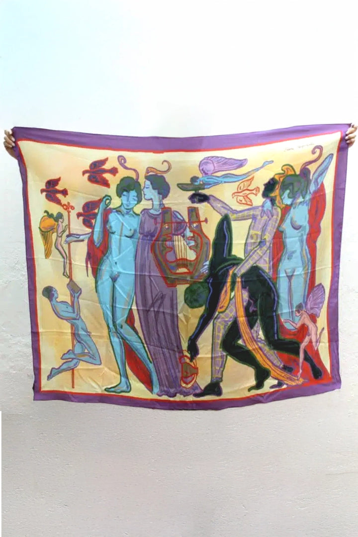 Colorful scarf with classical design featuring figures and symbols
