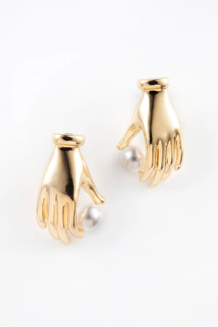 Golden Hands Earrings with Pearl