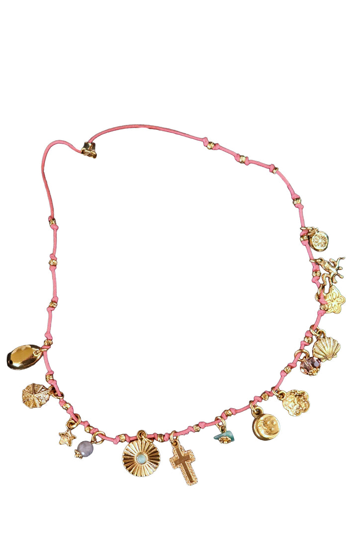 Pink Cord Necklace with Charms