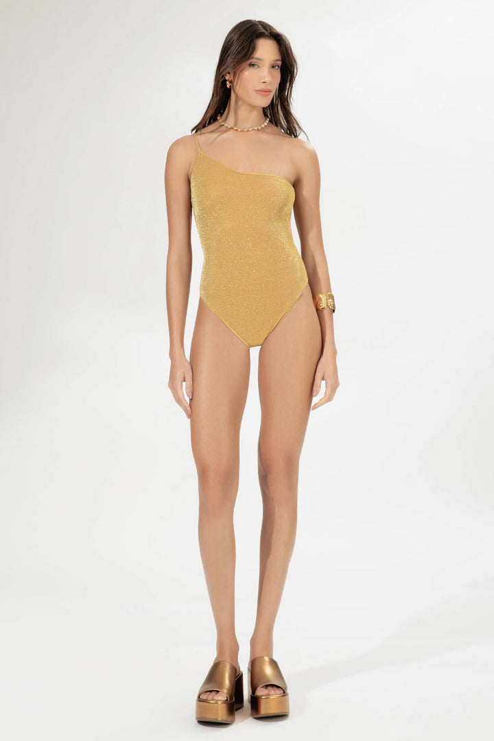 Hollywood Twist One-Shoulder Swimsuit Gold
