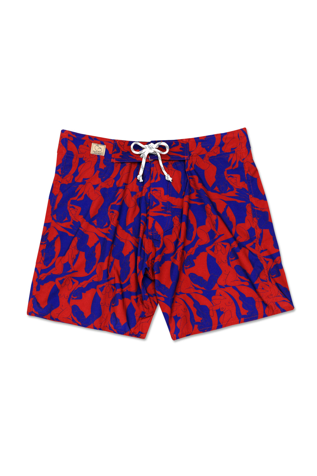 Red and blue patterned swim shorts
