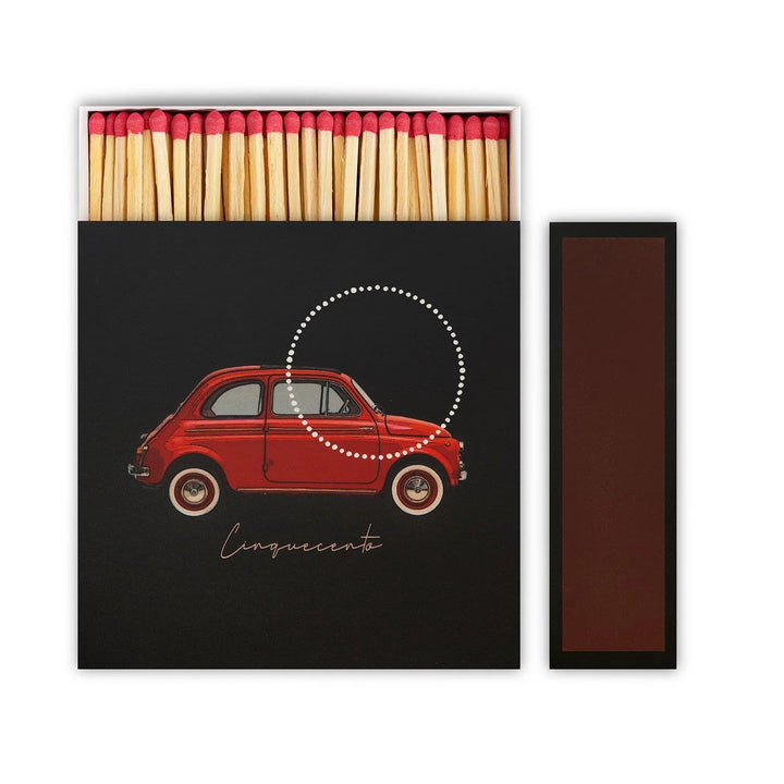 A matte black matchbox with a red Cinquecento design