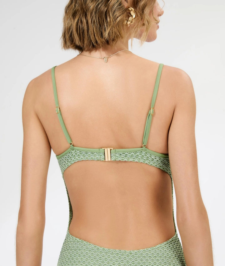 Apple Green Textured Cut out Swimsuit
