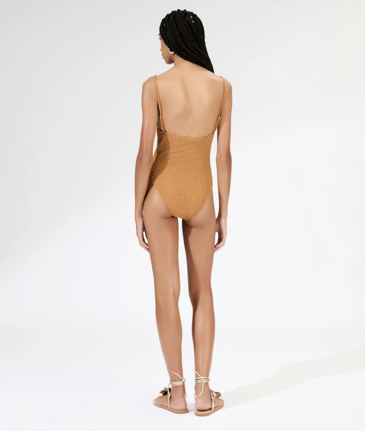 Caramel Textured Deep V Swimsuit