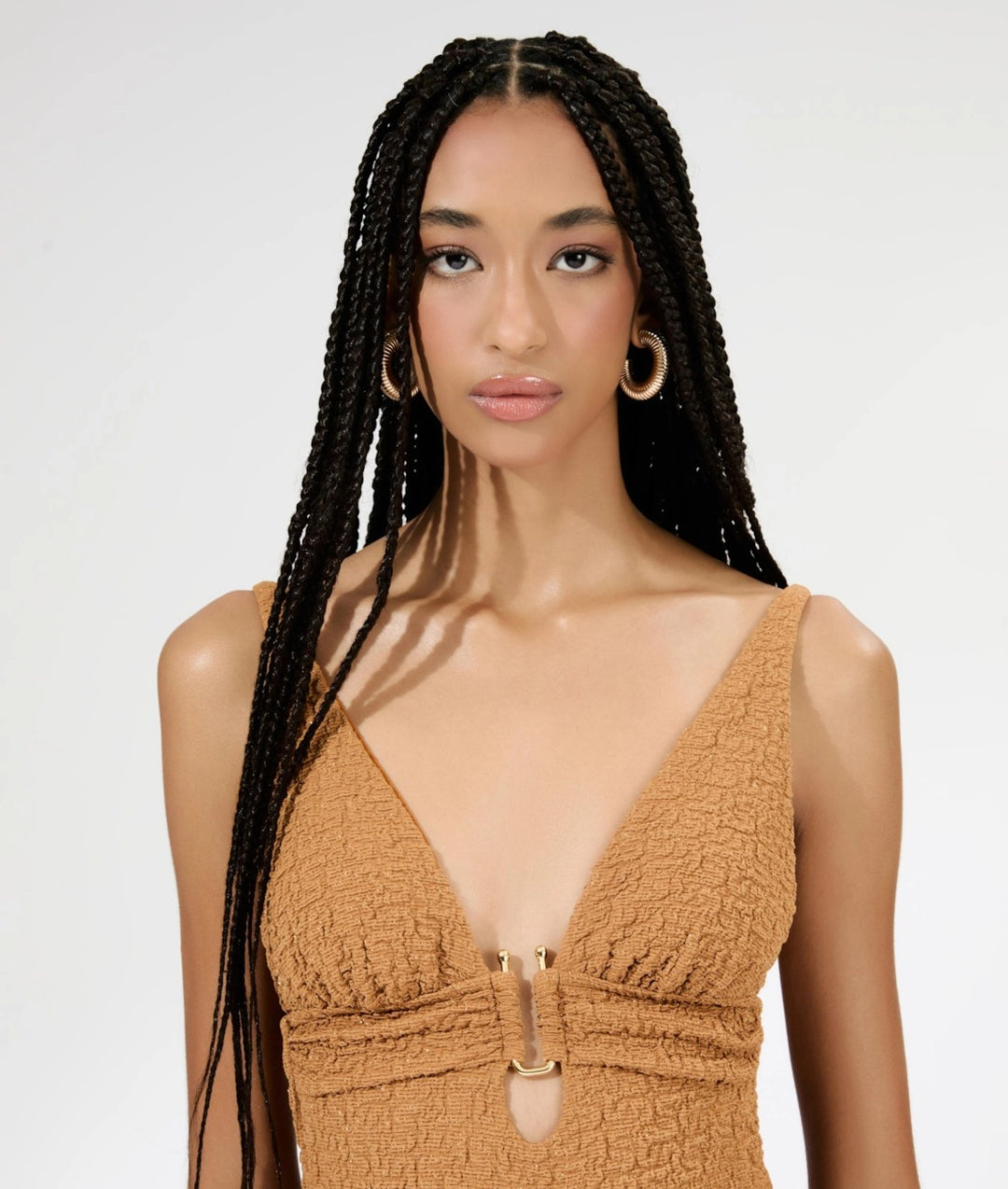 Caramel Textured Deep V Swimsuit