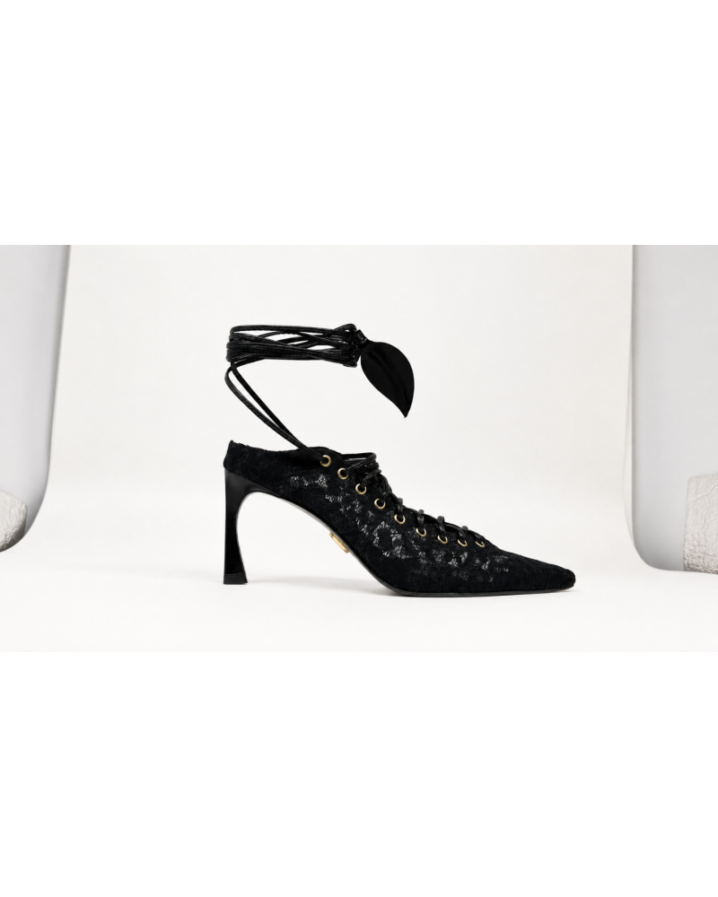 Lace Corset Mule Heels Black