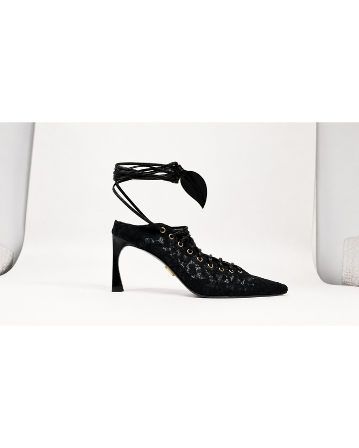 Lace Corset Mule Heels Black