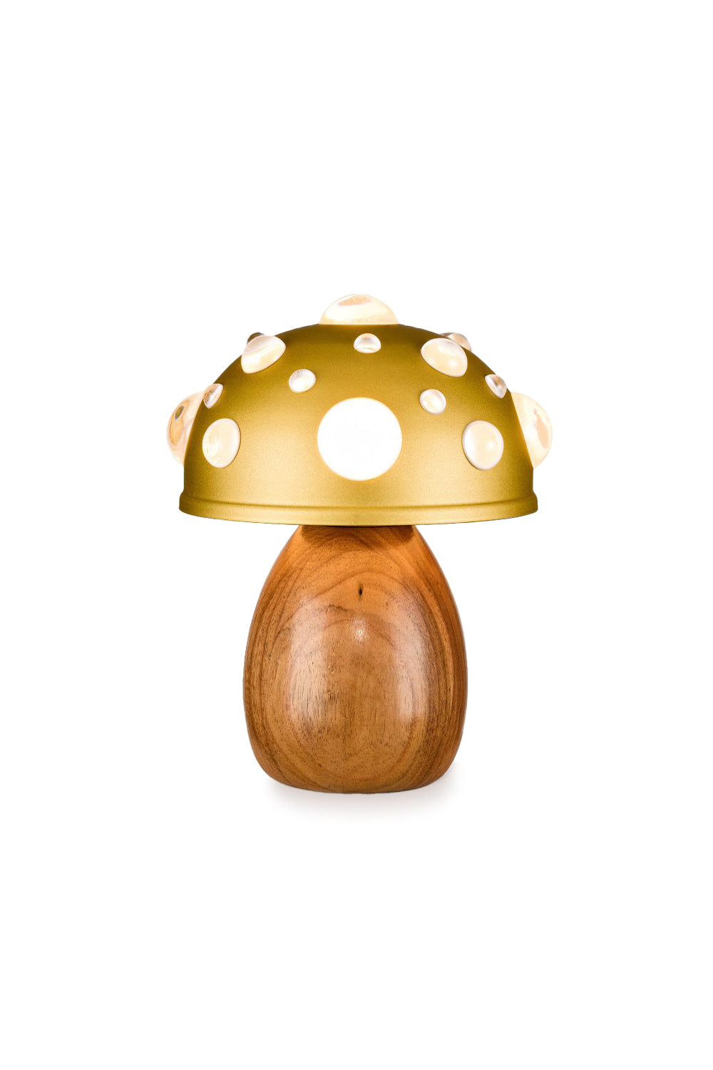 Mushroom-shaped golden lamp with wooden base and polka dots