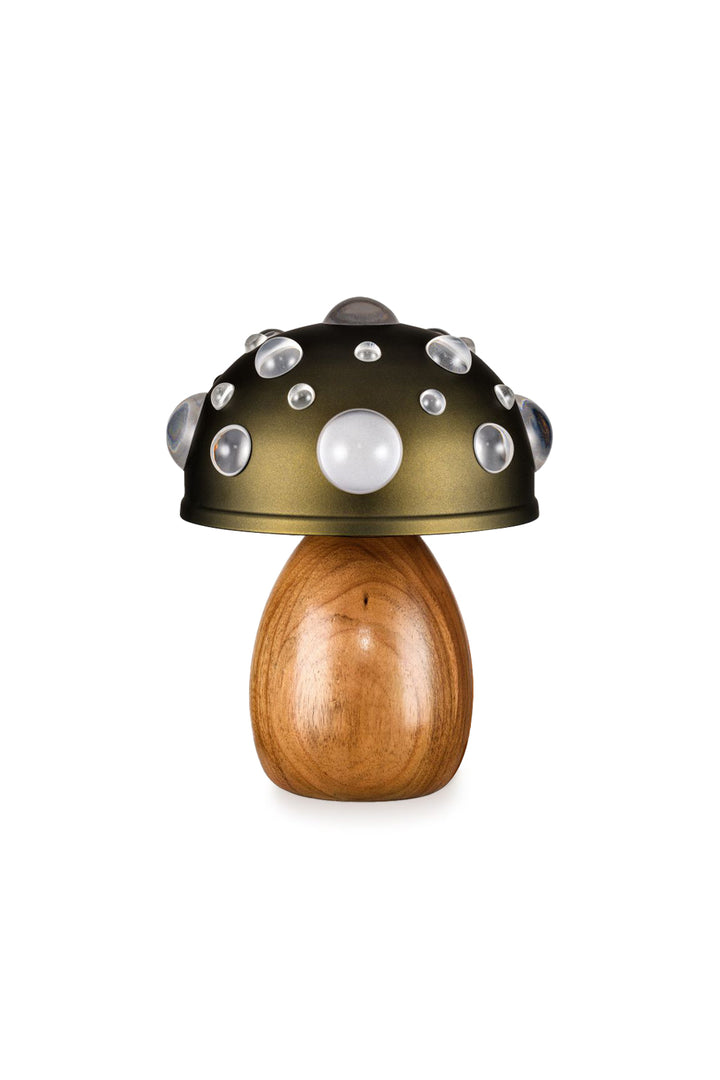 Mini lampada a fungo verde oliva con legno di Freijo