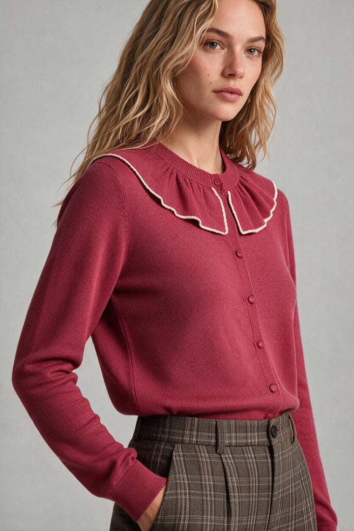 Josie Ruffle Collar Cardigan Brick