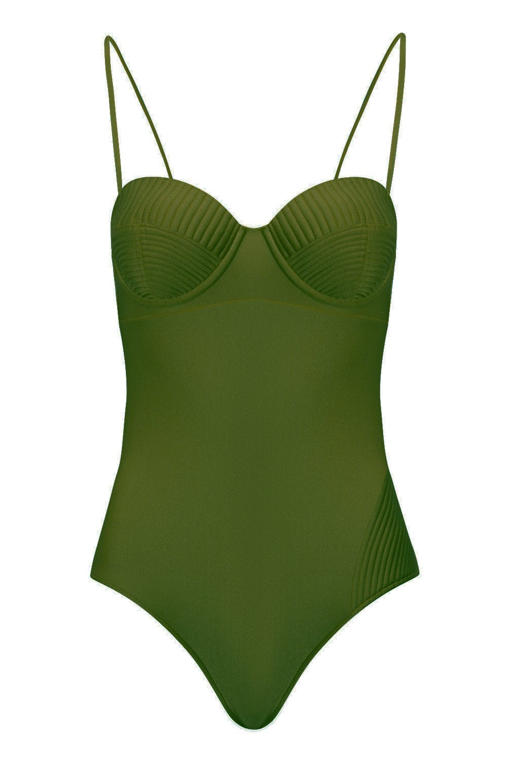 A deep moss green one-piece swimsuit with a strapless design and a ruffled neckline.
