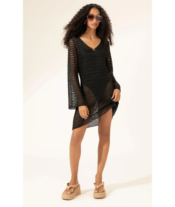 Black Open-Knit Long Sleeve Mini Dress