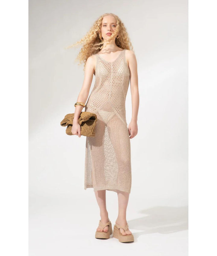 Gold Open-Knit Long Cover-Up Dress