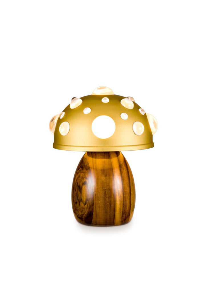 Mushroom-shaped lamp with wooden base and polka dot design