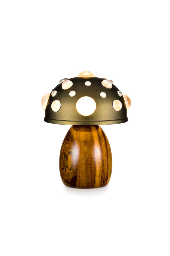 Mushroom-shaped lamp with wooden base and polka dot design on white background