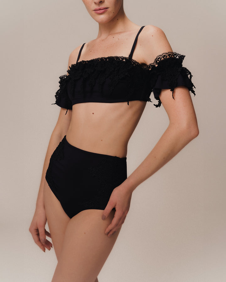 Embroidered Bandeau Top with Removable Straps + Hot Pants Black