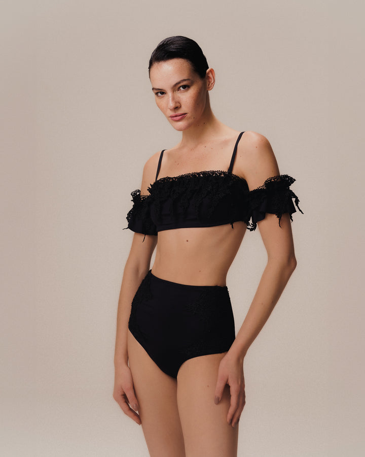 Embroidered Bandeau Top with Removable Straps + Hot Pants Black