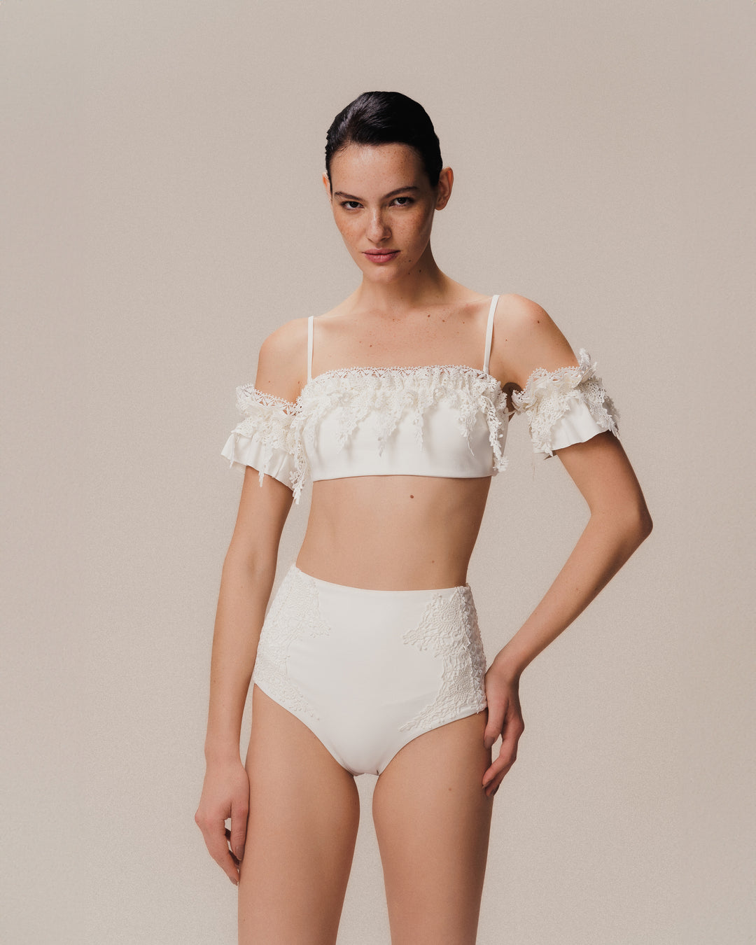 Embroidered Bandeau Top with Removable Straps + Hot Pants Off White