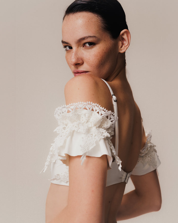 Embroidered Bandeau Top with Removable Straps + Hot Pants Off White