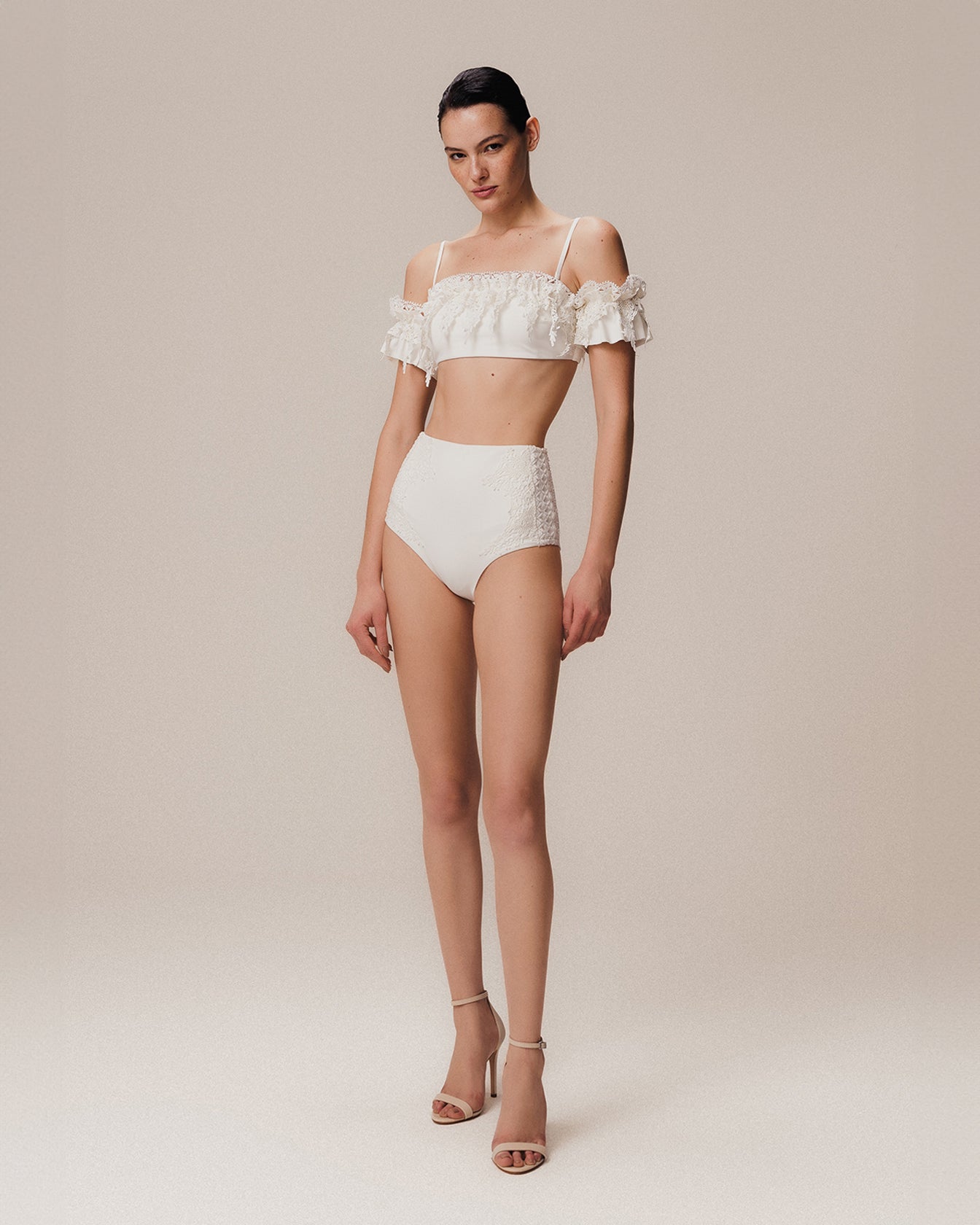 Embroidered Bandeau Top with Removable Straps Hot Pants Off White