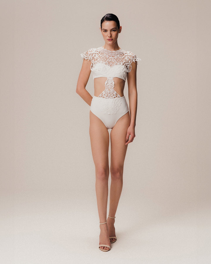 Embroidered Intaglio Trikini White