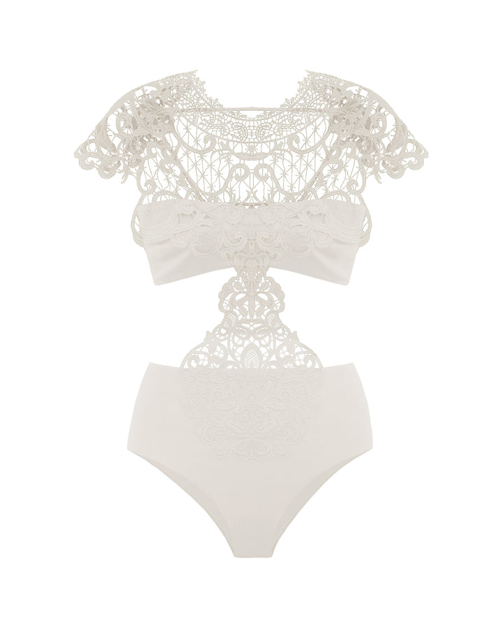 Embroidered Intaglio Trikini White