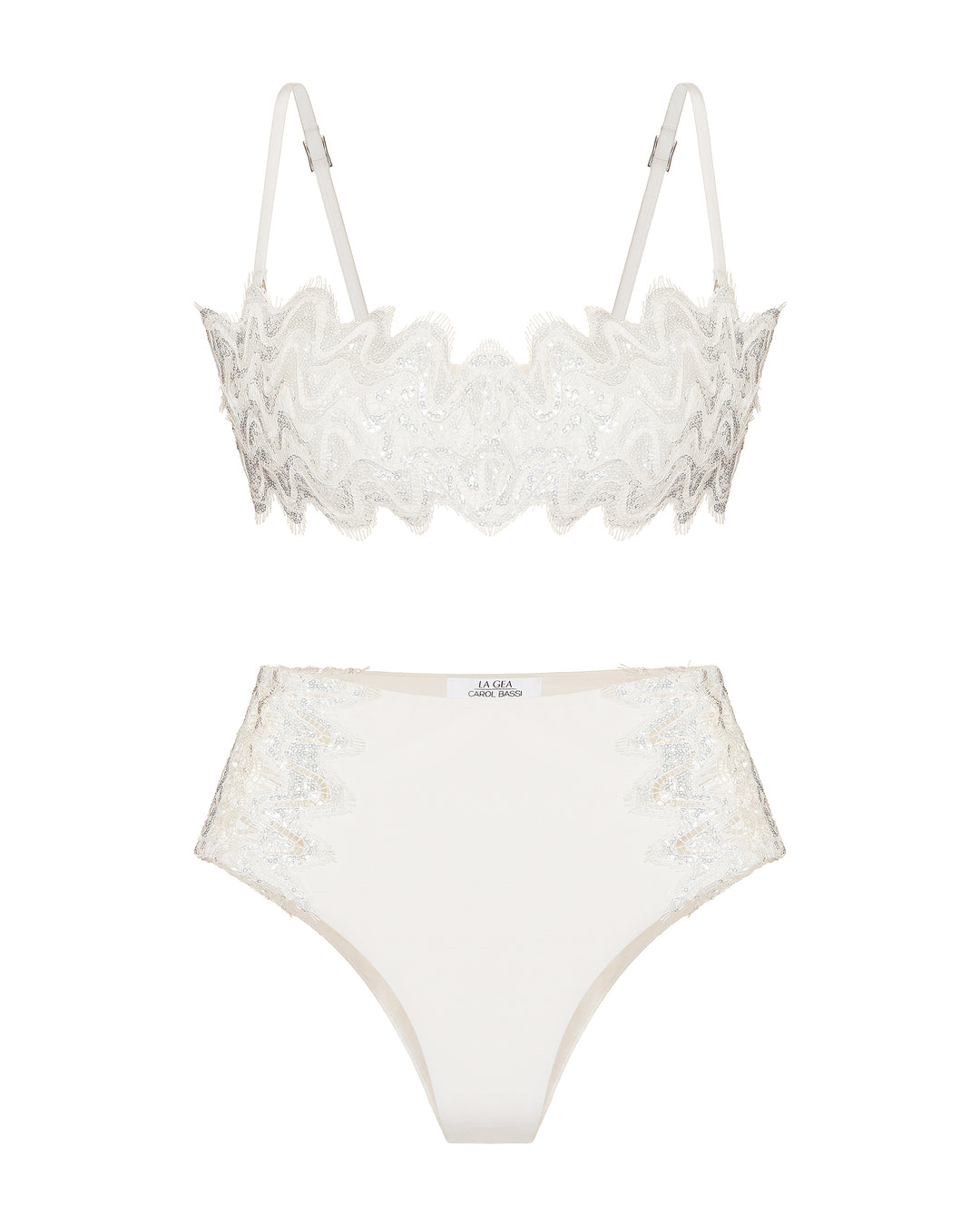 Bikini con paillettes ricamate - Top Bandeau + Hot Pants - Bianco