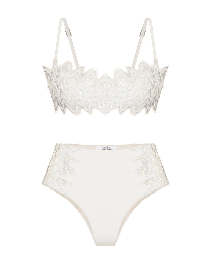 Embroidered Sequin Bandeau + Embroidered Sequin Hot Pants Off White